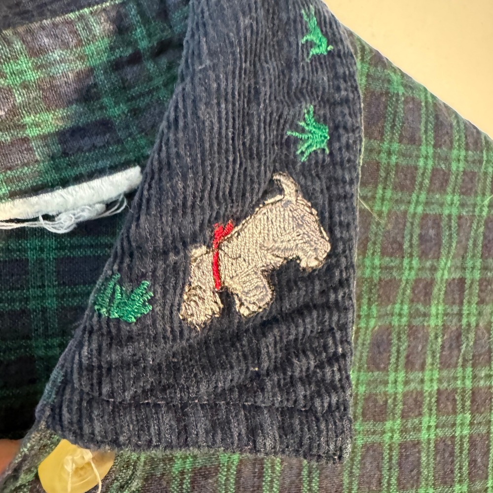 Vtg 90s Embroidery Scottie Dog Plaid Flannel Green Corduroy Cottagecore Farmcore - Picture 5 of 8